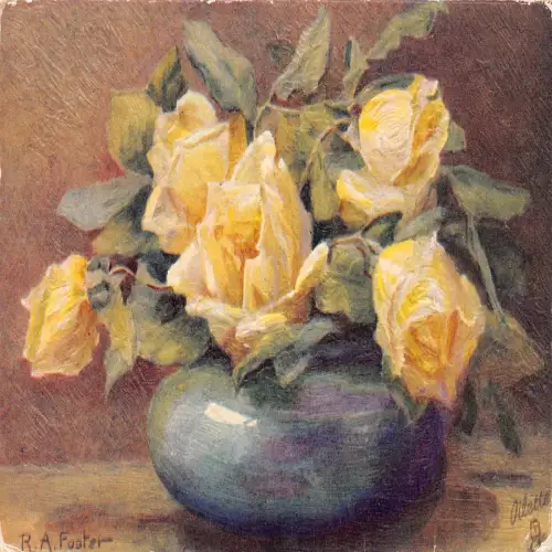 A713 Kunst von RA Foster Time of Roses gelbe Blumen in Vase 1926 Postkarte