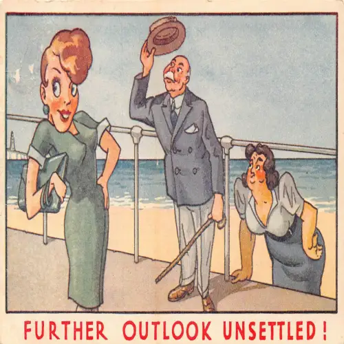 A713 Comic Humor Weiterer Ausblick Verunsicherte Frau sucht Mann flirtet Meer Postkarte