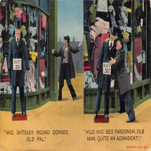 A713 Comic Humor 1911 Betrunkene Männer sprechen mit Dummy of Clothes Store Postkarte