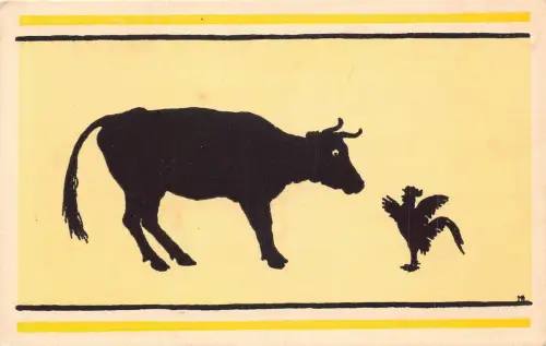 A714 Begegnungen in der Greenwood Silhouette Stier und Hahn Tiere Postkarte