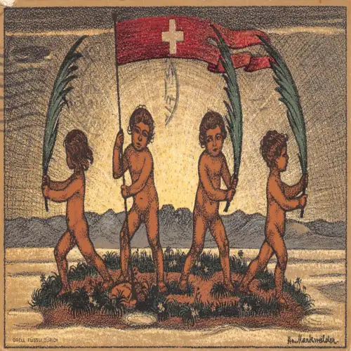 A714 Schweiz 1916 Fete Nationale Patriotische Jungen Blätter Flagge Kunst Postkarte