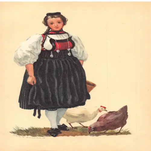 A715 Schweizer Tracht Bäuerin Huhn Kunst von Hans Schaer Postkarte