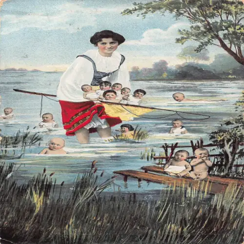 A715 Fantasy Humoe 1906 Mutter Angeln in einem Teich der Multibabys Surreale Postkarte