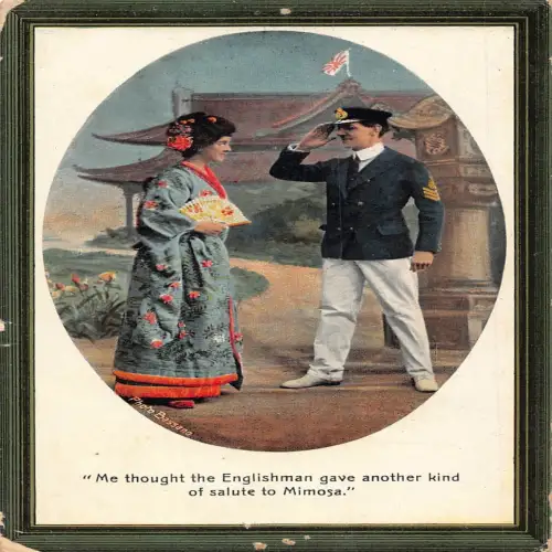 A715 Passepartout englischer Offizier Gruß japanische Geisha ethnische Postkarte