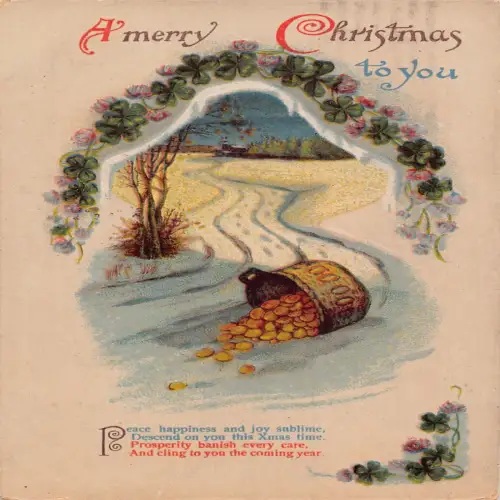 A715 Weihnachtsgrüße 1923 Geldbeutel Kleeblatt Rosen Schnee Postkarte