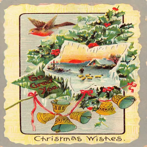 A715 Weihnachtsstern Glocken Heiliger Baum Vögel Passepartout Schafe geprägt Postkarte