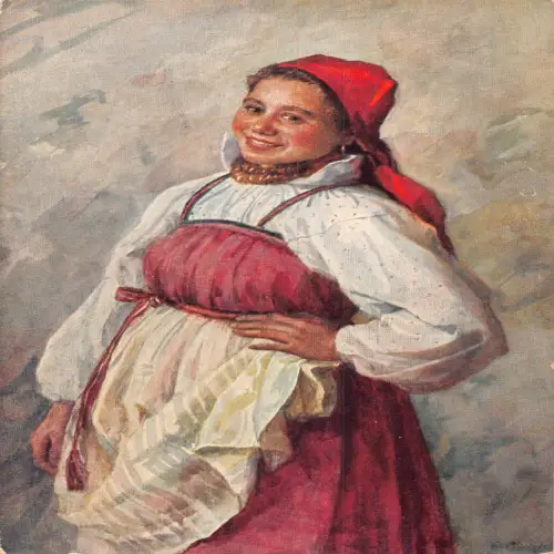A716 Russische Kunst von F Sitschkoff Mädchen in Trachtenkultur Postkarte