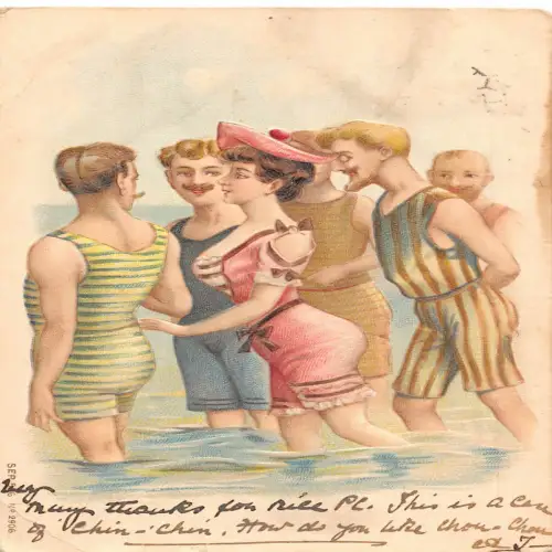 A716 Humor 1906 Litho geprägt Meer Männer flirten mit Dame im Badeanzug Postkarte