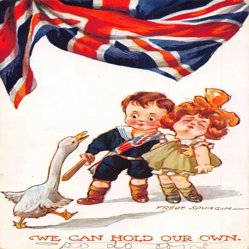 A716 Patriotischer Humor Soldat Junge kämpft gegen Gans britische Flagge ohnmächtiges Mädchen Postkarte