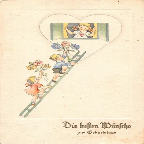 A716 Geburtstagsgrüße 1939 Kinder Klettern Leiter zum Herz Blumen Postkarte