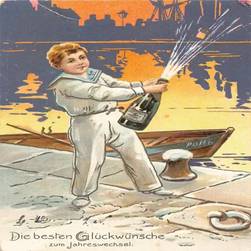 A717 Neujahrsgrüße Matrosenjunge Pops Champagnerflasche 1906 geprägte Postkarte