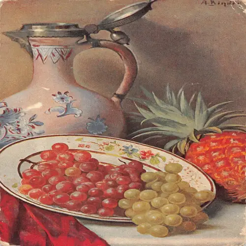A717 Still Nature Art by A Binder 1905 Wassertopf Obst Ananas Trauben Postkarte