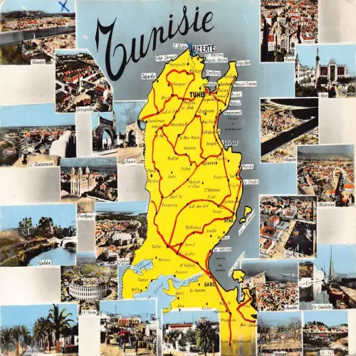 A718 Tunesien Länderkarte Multi-View Touristische Punkte Vintage Postkarte
