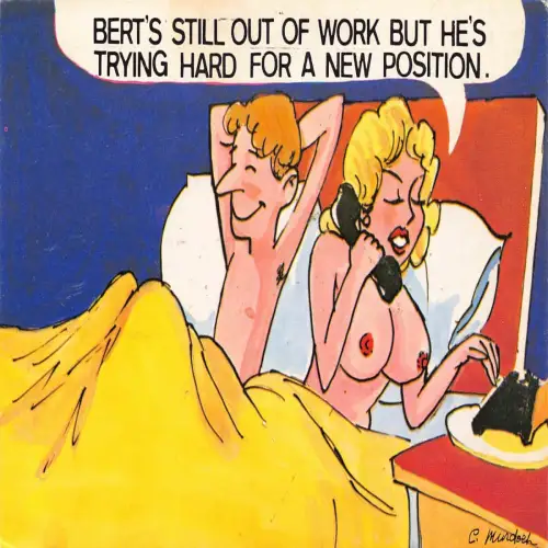 A719 Comic Humor Paar im Bett Telefon Bert versucht eine neue Position Postkarte