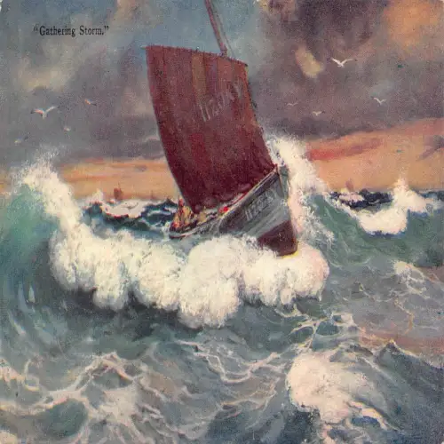 A719 Kunst Segel Fischerboot auf See Sammeln Sturm Postkarte