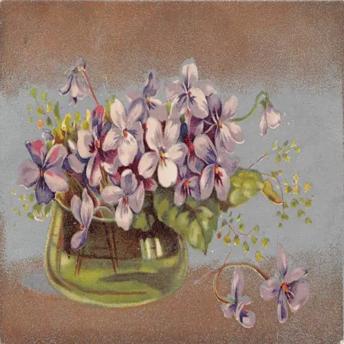 A719 Frühlingsgrüße 1906 Violette Blumen in Vase Vintage Postkarte