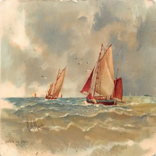 Postkarte A719 Kunst 1904 Segelboote auf Möwe Vögel vor dem Sturm