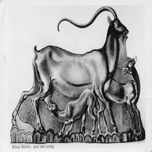 A719 Tiere Ritual Reliefs Ziege und Junge Kunst Vintage Postkarte