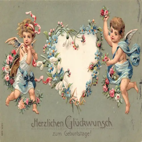 B125 Geburtstag 1907 Cherubs Herz Schneeglöckchen Vergissmeinnicht Rosen Prägepostkarte