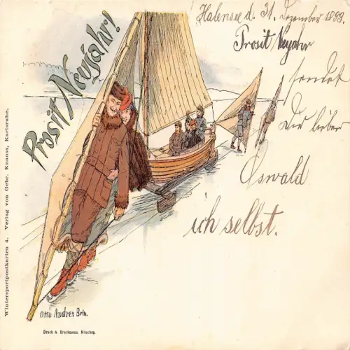 B125 Wintersport 1899 Neujahrsgrüße Segel Schlittschuh Boot Schlitten Postkarte