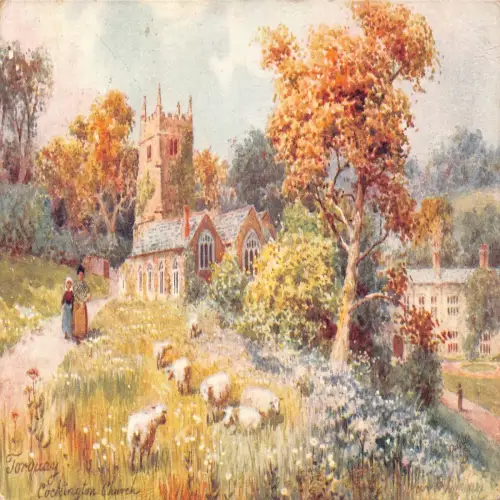 B130 England 1909 Torquay Cockington Kirche Kunst Schaf Vintage Postkarte