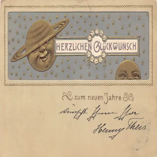 B125 Neujahr 1904 Humanisierter Mond und Saturn Sterne Blumen Prägepostkarte