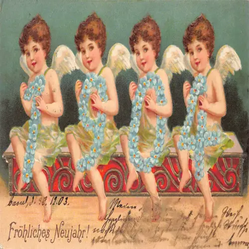 B125 Neujahr 1904 Große Zahlen Vergissmeinnicht Cherubs Prägepostkarte