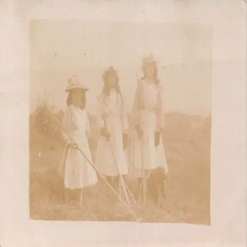 B123 Sozialgeschichte RPPC Drei Schwestern Rechen Hund Landwirtschaft Vintage Postkarte
