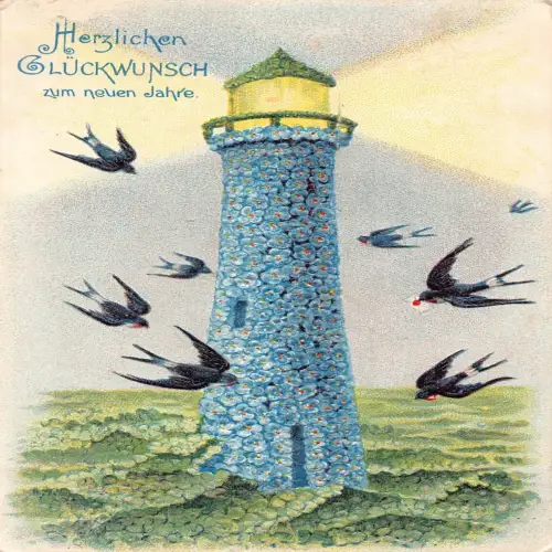 B125 Neujahr 1908 Vergissmeinnicht Allegorischer Leuchtturm Schwalbe Prägepostkarte