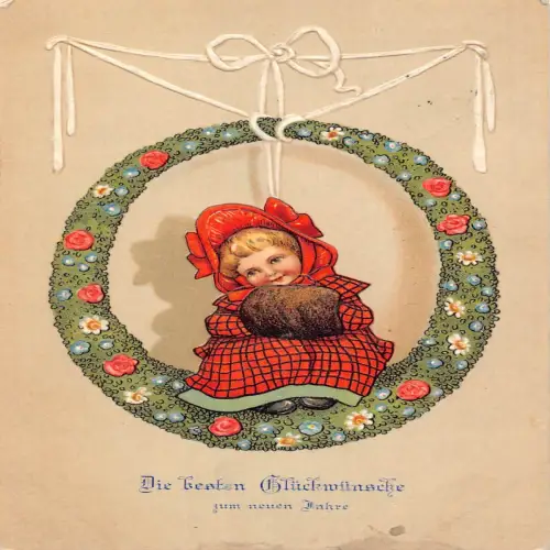 B125 Neujahrsgrüße 1907 Mädchen im roten Kleid Muff Blumen geprägte Postkarte