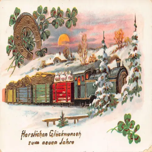 B125 Neujahrsgrüße 1934 Dampfzug Geldsäcke Hufeisen Kleeblatt Postkarte