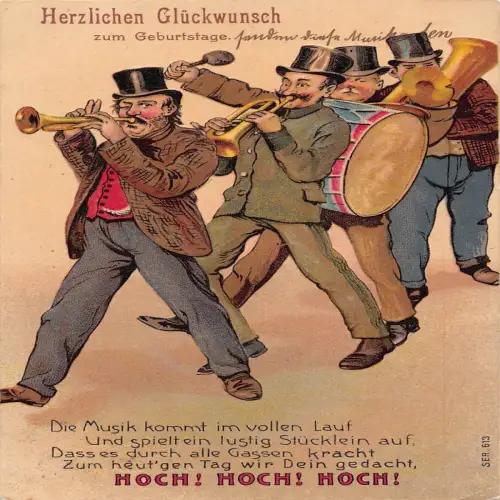 B131 Geburtstagsgrüße 1909 Musikkapelle spielt Trompete Trommeln Prägepostkarte