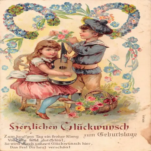 B133 Geburtstag 1910 Vergissmeinnicht Rosen Mädchen spielt Mandoline Kleeblätter Postkarte