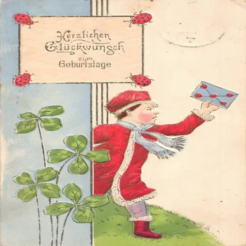 B133 Geburtstag 1906 Junge im roten Weihnachtsgewand Kleeblätter Marienkäfer Prägepostkarte