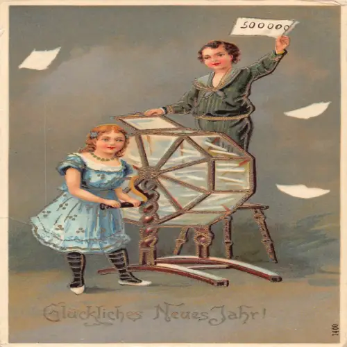 B131 Neujahrsgrüße 1912 Kinder spielen Bingo Geldscheine Postkarte