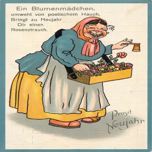 B131 Neujahrsgrüße 1912 Alte Dame Karikatur Verkäuferin Rosenprägung Postkarte