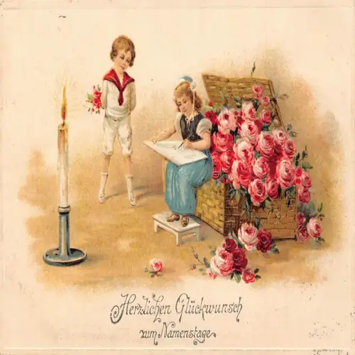 B133 Namenstag 1916 Kinder Kerze Rosen Korb 1. Weltkrieg Feldprägung Postkarte