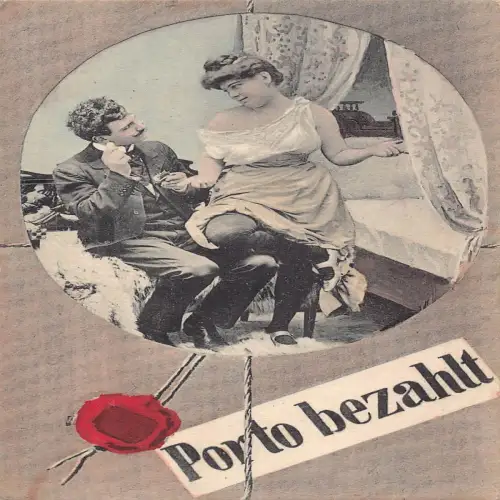 B133 Porto zahlt Passepartout Liebespaar flirtet Wachssiegel Romantik Postkarte