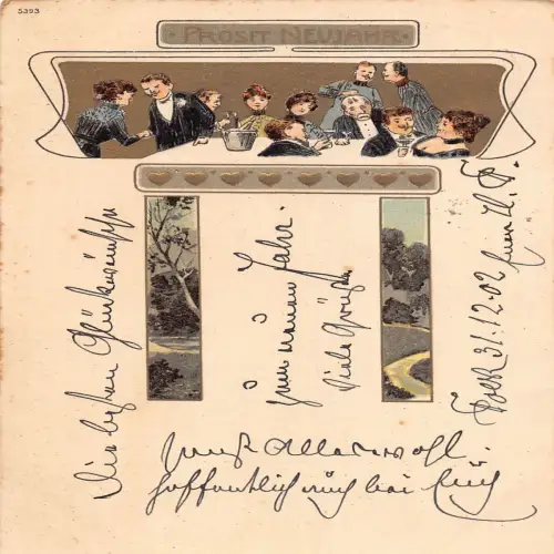 B133 Neujahr 1902 Jugendstil Party Champagner Landschaft Herzen Postkarte