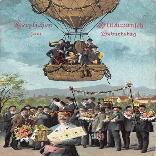 B133 Geburtstag 1912 Party Musikkapelle im Heißluftballon Trompete Trommel Postkarte