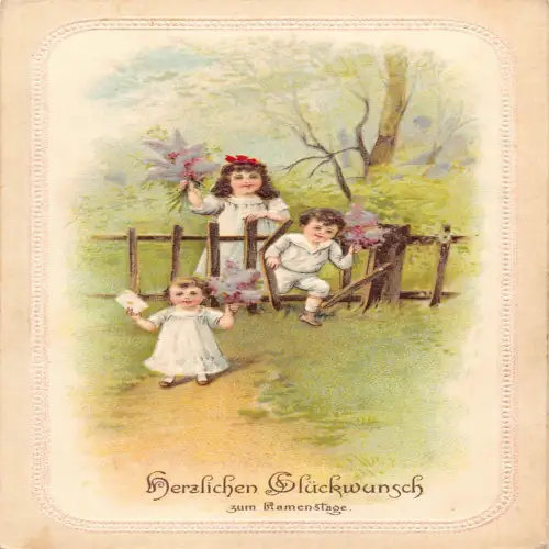 B133 Namenstag Grüße Kinder durch Zaun Blumenstrauß Prägepostkarte