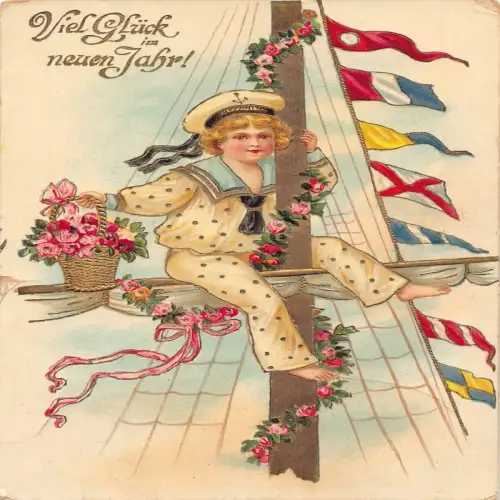 B131 Neujahrsgrüße 1908 Matrosenjunge Rosen Blume Flagge Boot Postkarte