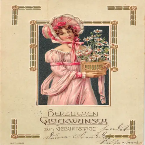 B131 Geburtstagsgrüße 1907 rosa gekleidetes Mädchen Gänseblümchen Korb geprägte Postkarte