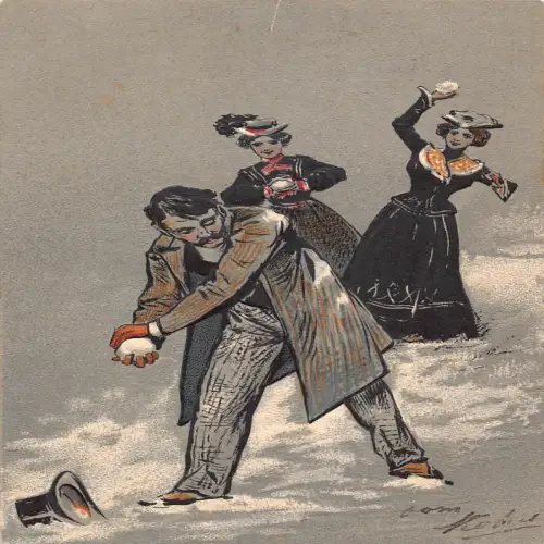 B131 Grüße 1904 Erwachsene Freunde spielen Schneeballschlacht Prägepostkarte
