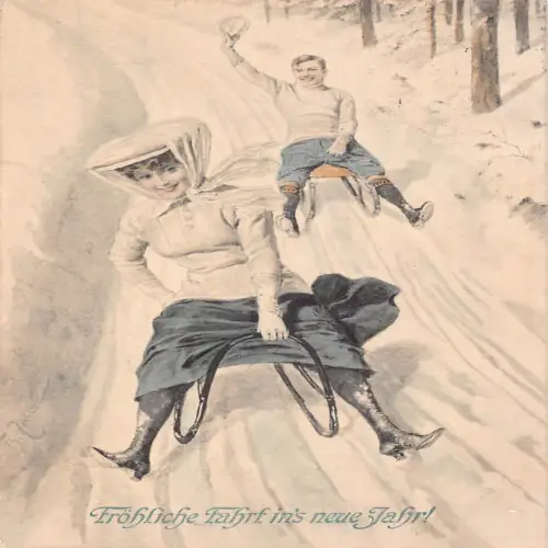 B131 Neujahrsgrüße 1911 Mann und Frau auf Schlitten Schlittenrennen Postkarte