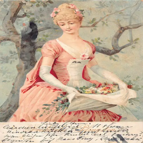 B131 Pfingstgrüße Schöne Frau sammelt Blumen in Schürze Postkarte 1903