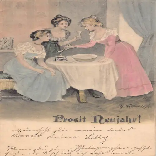 B132 Neujahrsgrüße 1903 Mädchen kochen Sektglas Kunst Postkarte