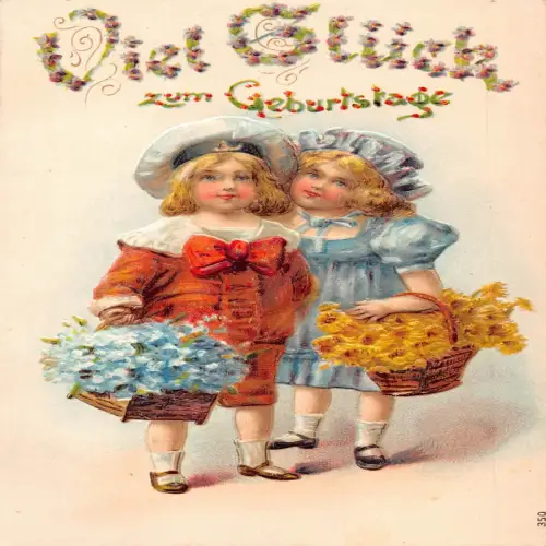 B131 Geburtstagsgrüße 1907 Kinder Vergissmeinnicht Blumen Prägepostkarte