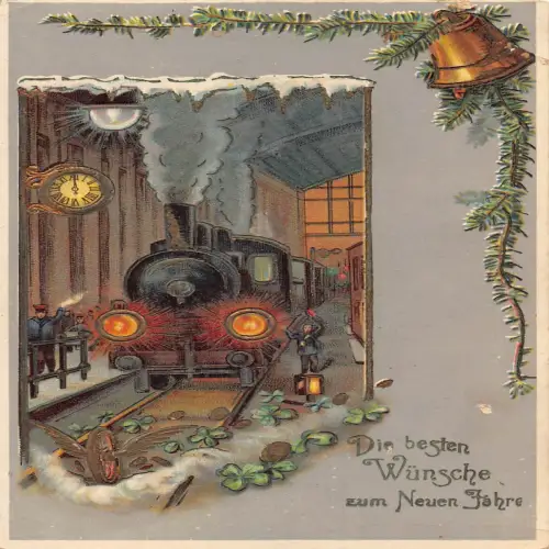 B132 Neujahrsgrüße Dampfzug im Bahnhof Uhr Glocke Vintage Postkarte