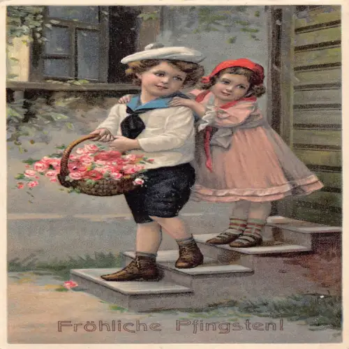 B132 Pfingsten 1911 Kinder Matrose Junge Rosen Blumen Korb Prägepostkarte